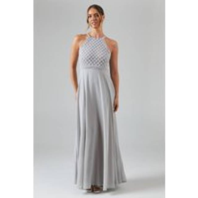 Halterneck Pearl Embellished Georgette Bridesmaid Maxi Dress - Grey Mist - 14