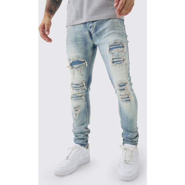 Super Skinny Stretch Washed Biker Rip & Repair Jeans - Blue - 32R