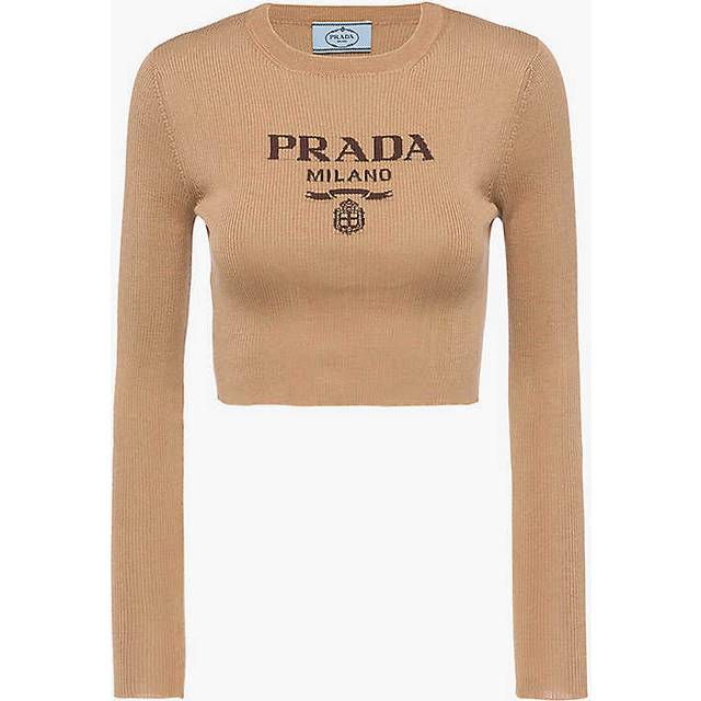 Prada Womens Brown Logo-intarsia Cropped Silk Jumper 12 - BROWN