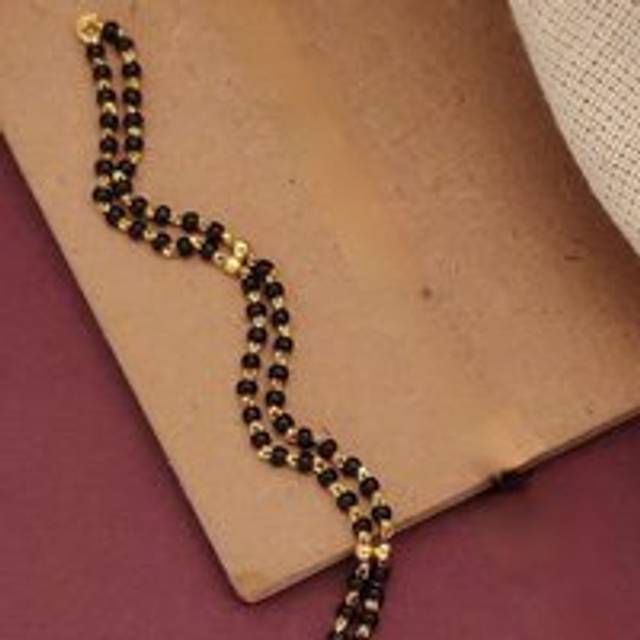 Two layer Black Beaded Plain Unisex Nazar Mangalsutra Bracelet - 8 inches