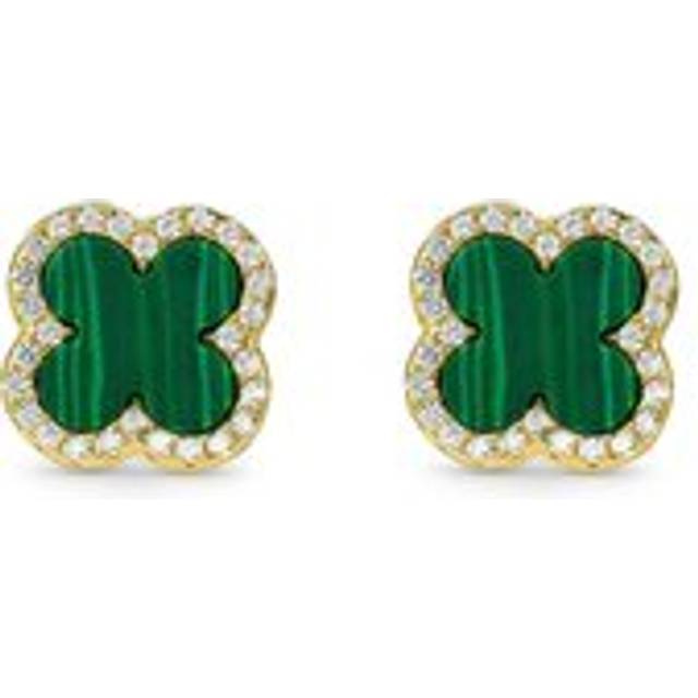 Yellow Gold Plated Cubic Zirconia Malachite Clover Stud Earrings