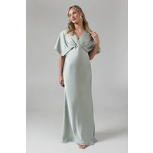 Maternity Batwing Sleeve Satin Fishtail Bridesmaid Dress - Sage - 10
