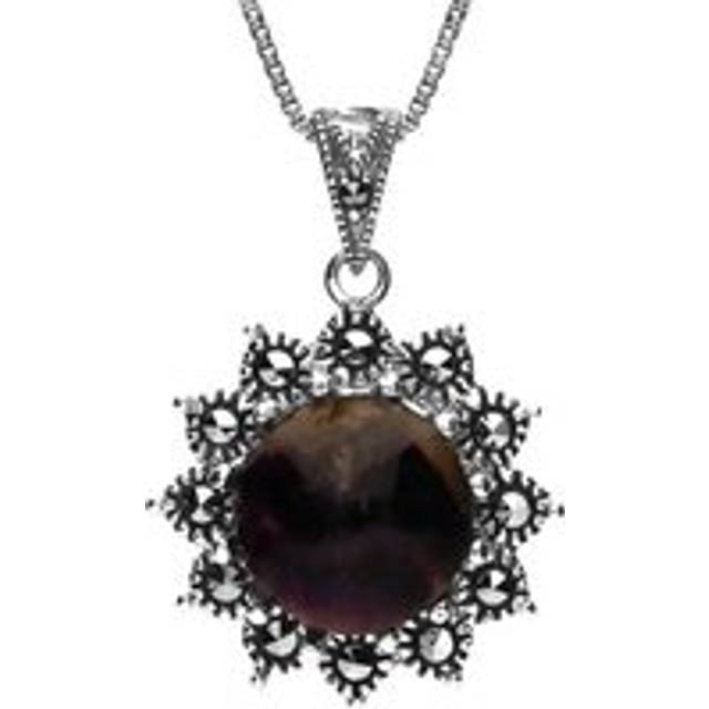 Sterling Silver Blue John Marcasite Round Beaded Point Edge Necklace - Silver