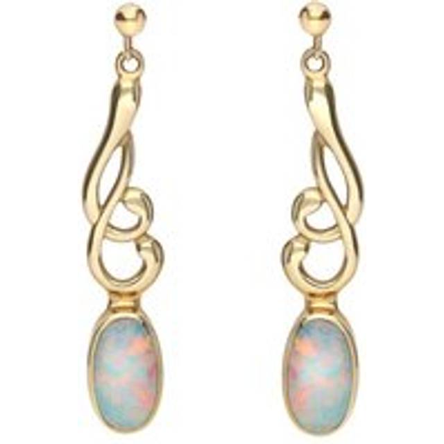 9ct Yellow Gold Opal Jet Scroll Drop Earrings - Yellow Gold