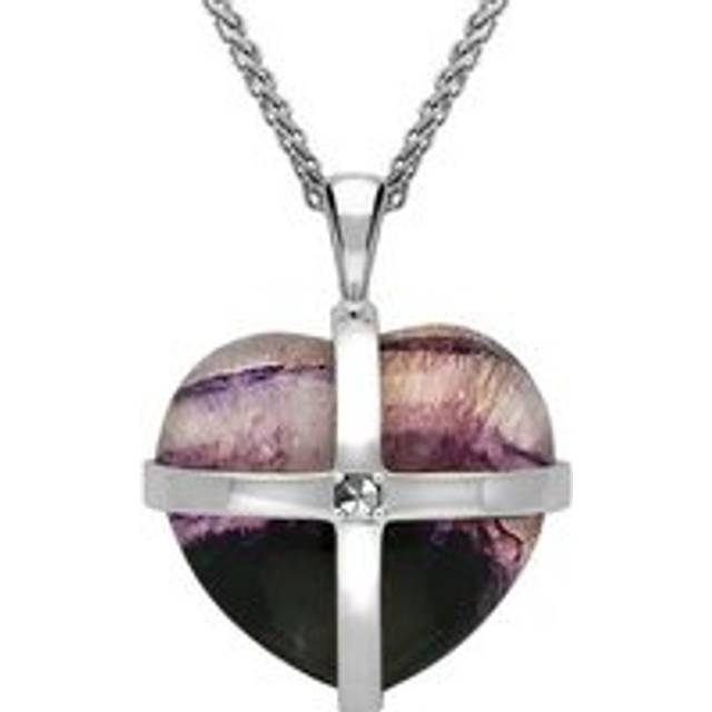 9ct White Gold Blue John Marcasite Medium Cross Heart Necklace - Gold
