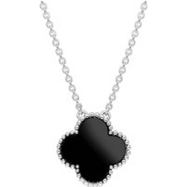 18ct White Gold Whitby Jet Bloom Large Four Leaf Clover Ball Edge Chain Necklet