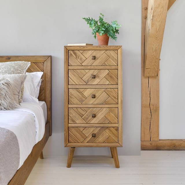 Brushed & Glazed Solid Oak Chest of Drawers - 5 Drawer Tallboy - Parquet Range - Oak Furnitureland