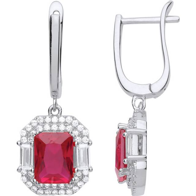 Jewelco London Ladies Sterling Silver Ruby-Red Emerald cut Cubic Zirconia Octagon Amphitheatre Drop Earrings - GVE700