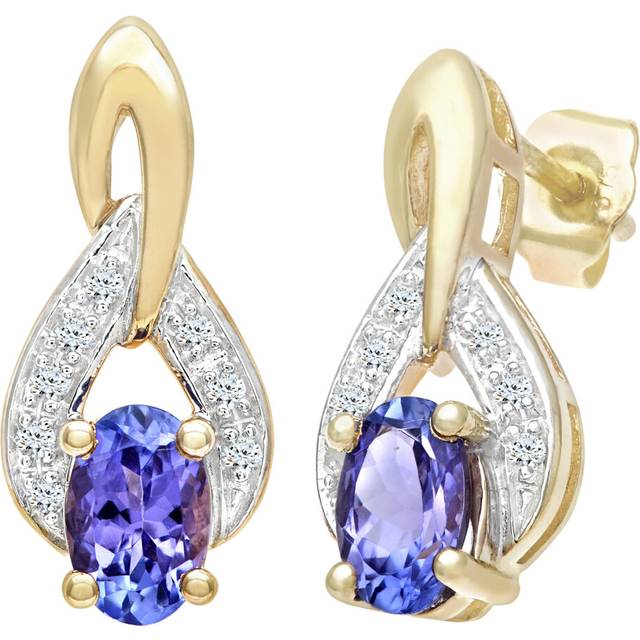 Jewelco London 9ct Yellow Gold Round 7pts Diamond Oval 1ct Tanzanite Teardrop Drop Earrings - PE0AXL1857YTanz