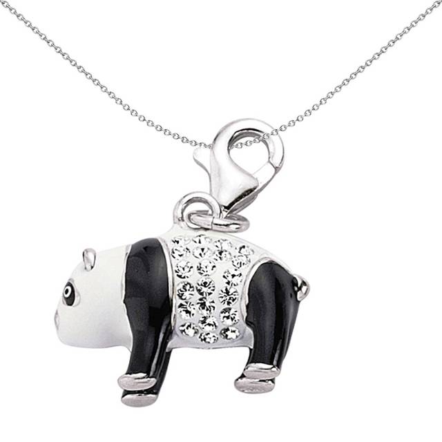 Jewelco London Unisex Sterling Silver Crystal Black White Enamel Panda Lobster Clasp Link Charm - CM138