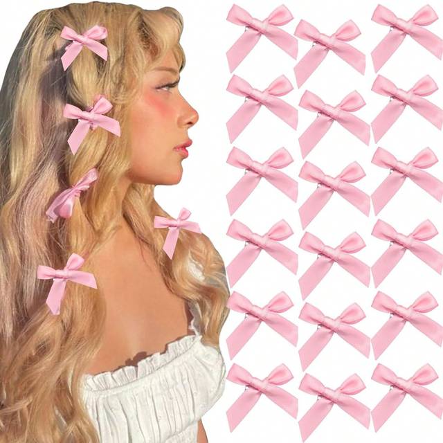 SHEIN 18PCS Pink Hair Bows For Women Hair Ribbon For Hair Small Hair Bows Clips Small Satin Hair Clips Mini Bows Hair Barrettes Hair Accessories For Women G
