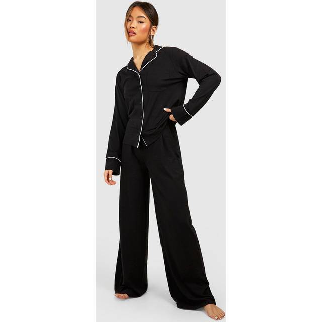 Womens Loungewear Tie Waist Wide Leg Trousers - Black - 6