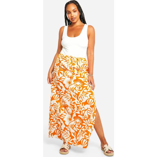 Womens Plus Abstract Print Cotton Maxi Skirt - Orange - 28, Orange