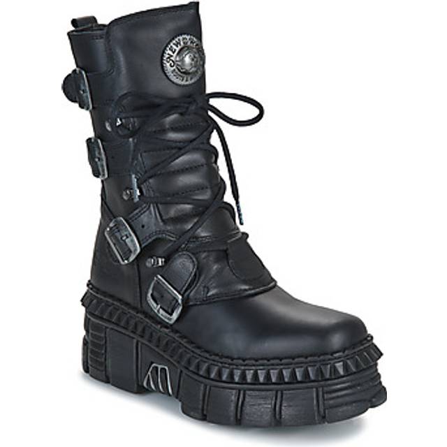 New Rock Unisex Mid-Calf Leather Platform Boots-WALL373-S6 - Black - Size EU 37