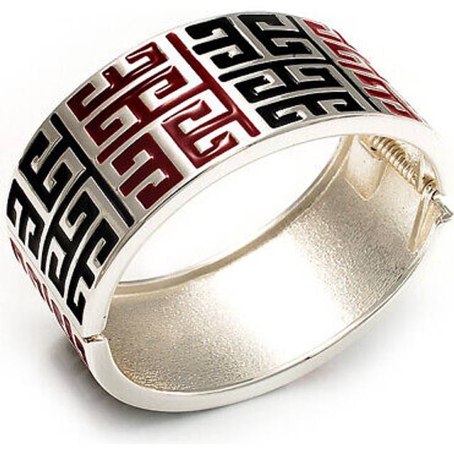 Wide black & red maze enamel hinged bangle bracelet (silver tone)