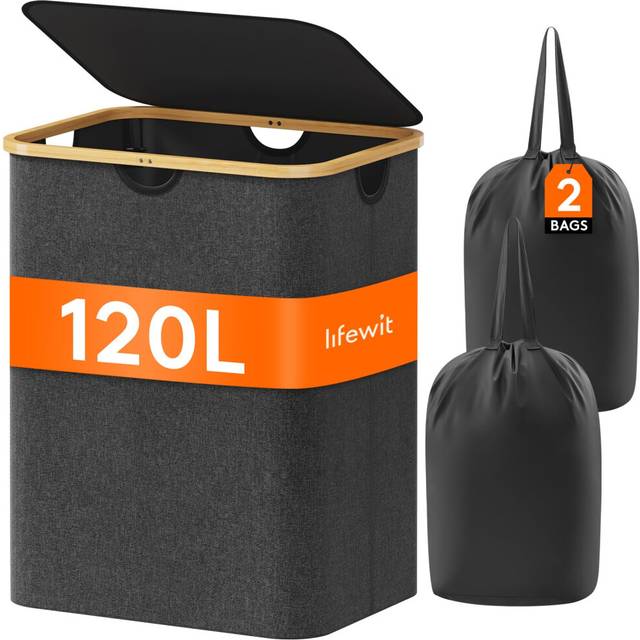 Lifewit 120L Laundry Basket with Lid, Clothes Hampers for Laundry with Bamboo Handles and A Removable Laundry Bag, Large Foldable Laundry Hamper for