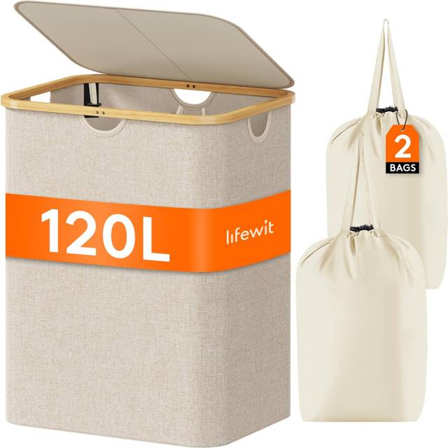 Lifewit 120L Laundry Basket with Lid, Clothes Hampers for Laundry with Bamboo Handles and A Removable Laundry Bag, Large Foldable Laundry Hamper for