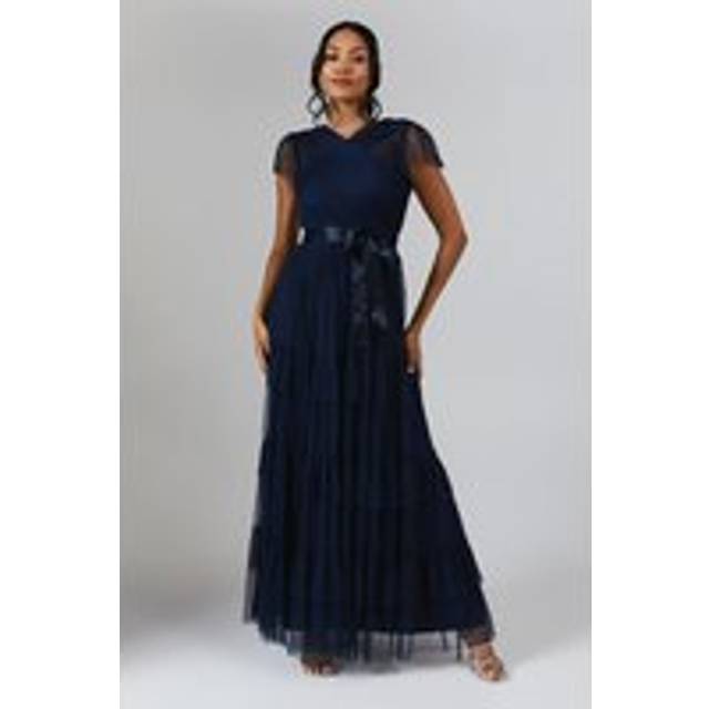 Flutter Sleeve Mesh Tiered Bridesmaid Dress - Navy - 12