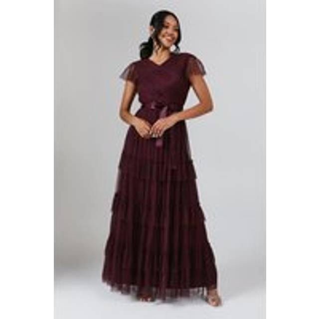 Flutter Sleeve Mesh Tiered Bridesmaid Dress - Malbec - 10