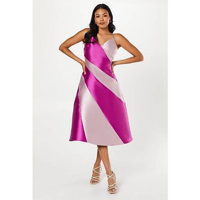 Satin Twill Colour Block Midi Wedding Guest Dress - Purple - 14