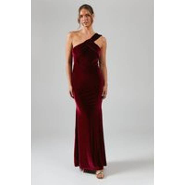 One Shoulder Twist Detail Velvet Maxi Bridesmaid Dress - Malbec - 14