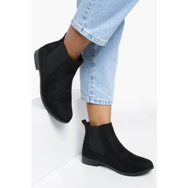 Womens Faux Suede Flat Chelsea Boots - Black - 7, Black
