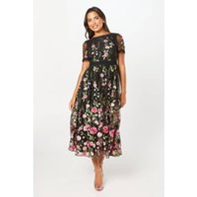 Coast womens midi dress black elegant embroidered mesh cinched waist