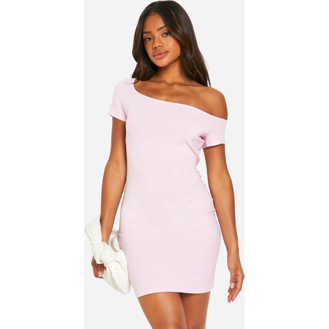 Womens Basic Cotton Asymmetric Neck Bodycon Dress - Pink - 16, Pink