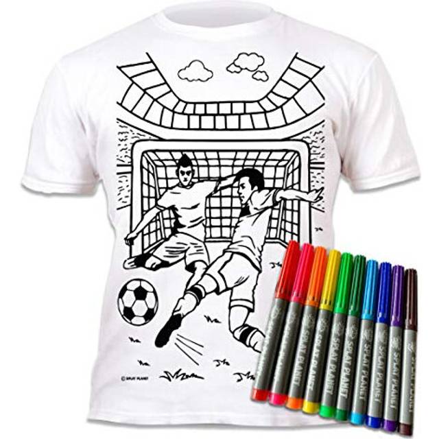 Splat Planet Colour-in Football T-Shirt with 10 Non-Toxic Washable Magic Colouring Pens - Colour-in and Wash Out T-Shirt (9-11 Years) White