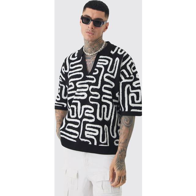Tall Boxy Oversized Abstract Knit Polo - Black - M