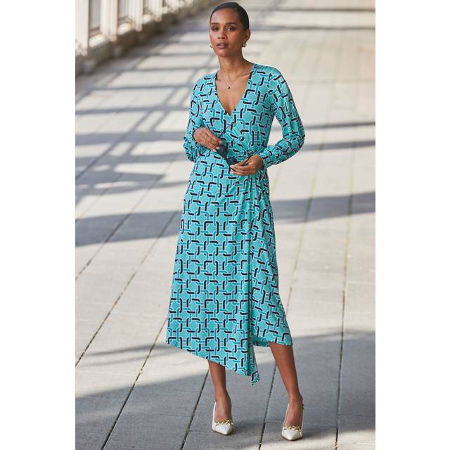 Sosandar Womens Green Geometric Print Blouson Sleeve Wrap Jersey Midi Dress - Size 6 UK