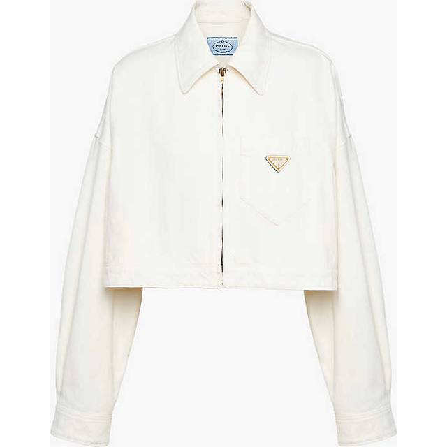 Prada Womens White Brand-plaque Cropped Denim Jacket 6 - WHITE