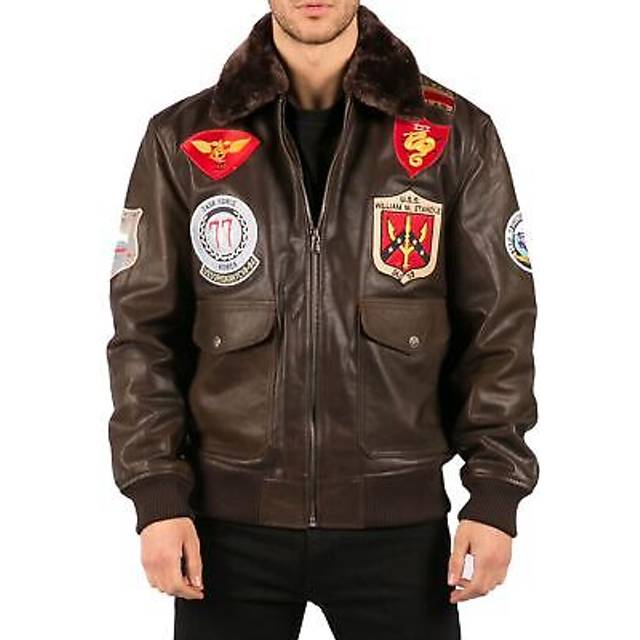 Leather Aviator Pilot Bomber Jacket - Brown - XL