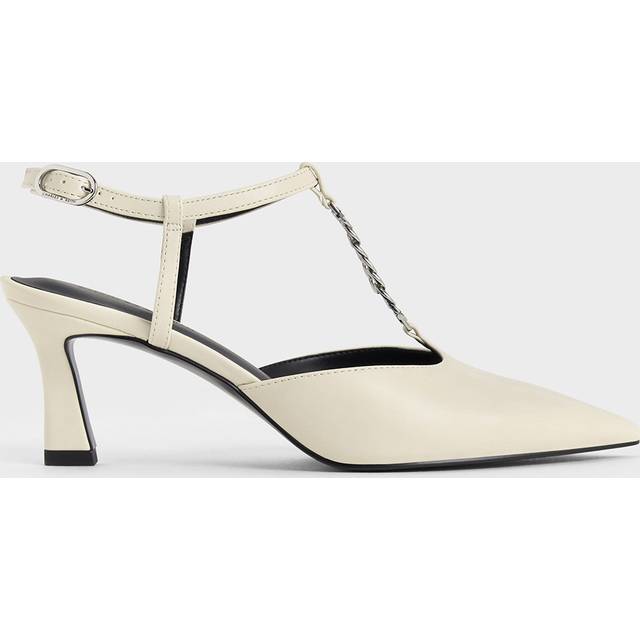 Charles & Keith - T-Bar Chain-Link Pointed-Toe Pumps - Chalk - UK 5
