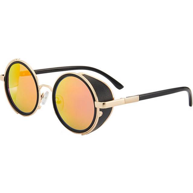 (Gold Black/Red Mirrored) Cool Steampunk Round Vintage Retro Cyber Goggles Goth Emo Punk Sunglasses UV399