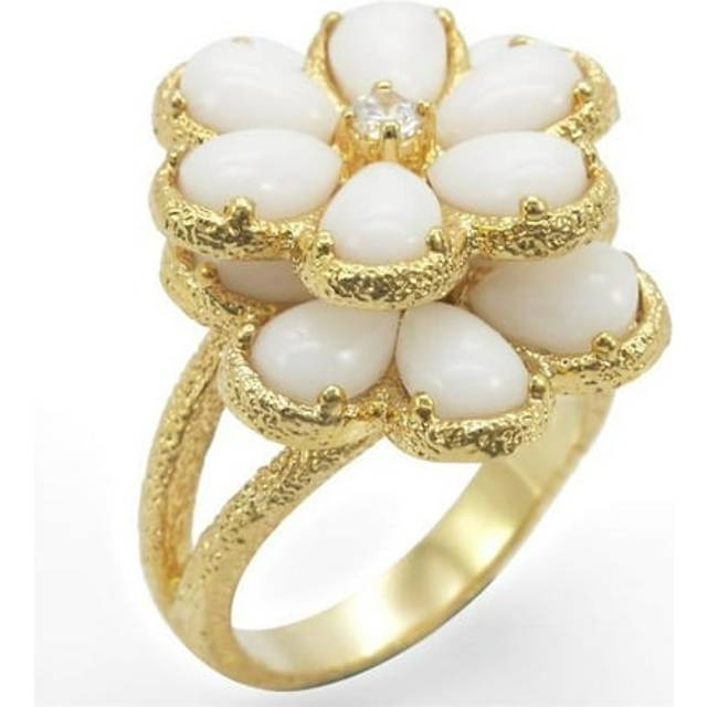 Gold Brass Ring with Synthetic Glass, White - Size 9