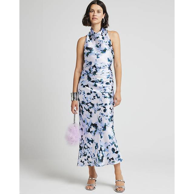 River Island Womens Blue Satin Floral Cross Back Slip Midi Dress - 10
