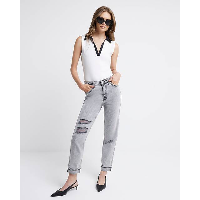 River Island Womens Grey High Waisted Bum Sculpt Ripped Mom Jeans - 6R
