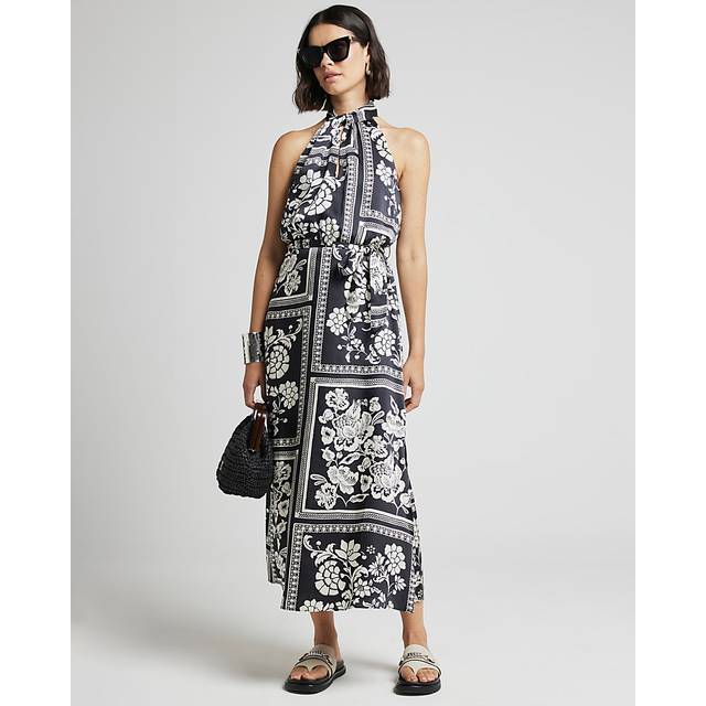 River Island Womens Black Floral Halter Neck Shift Midi Dress - 8