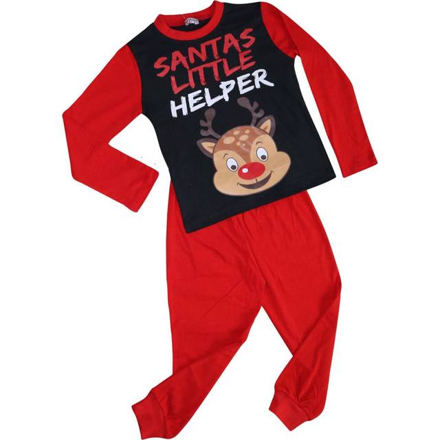 (9-10 Years, Red) Kids Girls Boys Pyjamas Santas Little Helper Reindeer Contrast Sleeves Xmas PJS