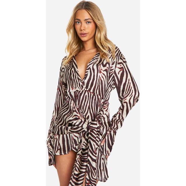 Womens Zebra Satin Wrap Skirt Shirt Dress - Brown - 8, Brown