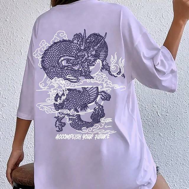 INAWLY Chinese Dragon & Letter Print Oversized Short Sleeve T-Shirt Graphic Tees Women Tops, Unisex