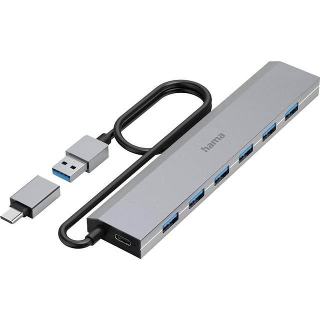 Hama USB Hub 7-portar (USB-A och USB-C-port, med strömförsörjning, 7 x USB-A för mus, tangentbord, extern hårddisk, USB-minne etc., aluminiumhölje, USB-adapter för kontor, hemmakontor)