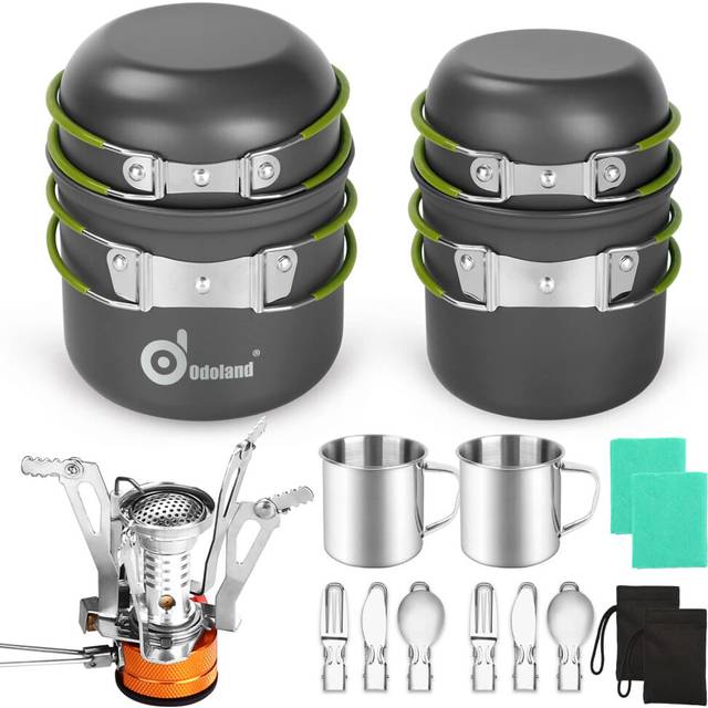Odoland Multi-PCS Camping Pan Set Aluminium Frying Pan Durable and Compact Camping Utensils Complete with Ultralight Camping Stove for Hiking Fishing