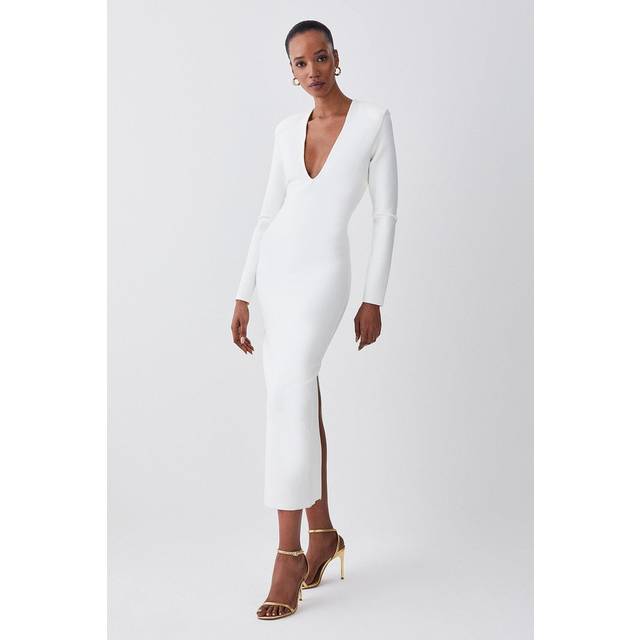 Bandage Form Fitting Deep V-Neck Midi Knit Dress - Cream