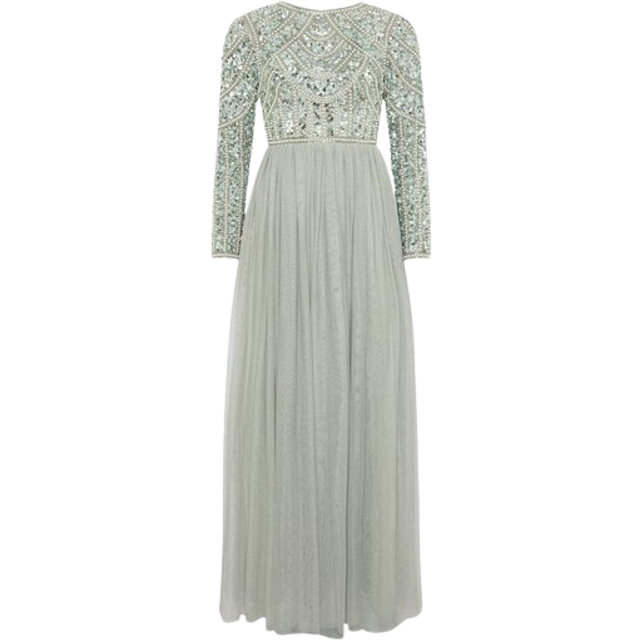 Coast Honoured Long Sleeve Sequin Bodice Tulle Skirt Maxi Bridesmaid Dress - Sage - 10