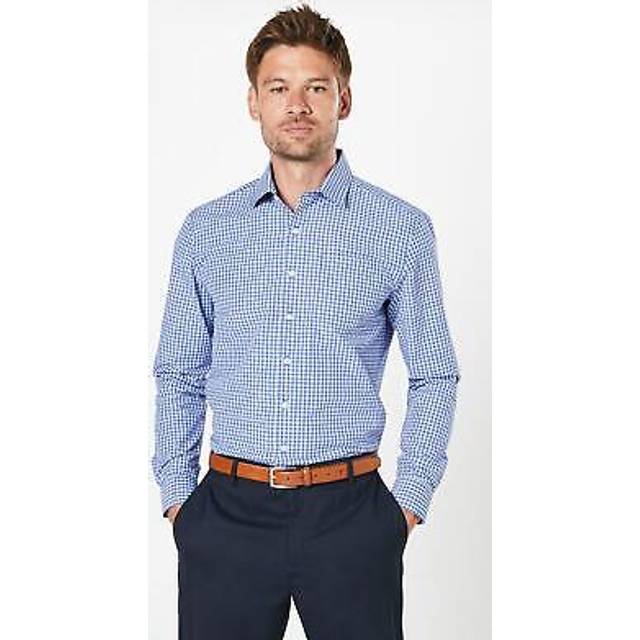 Mens Blue Casual Small Scale Check Long Sleeve Shirt