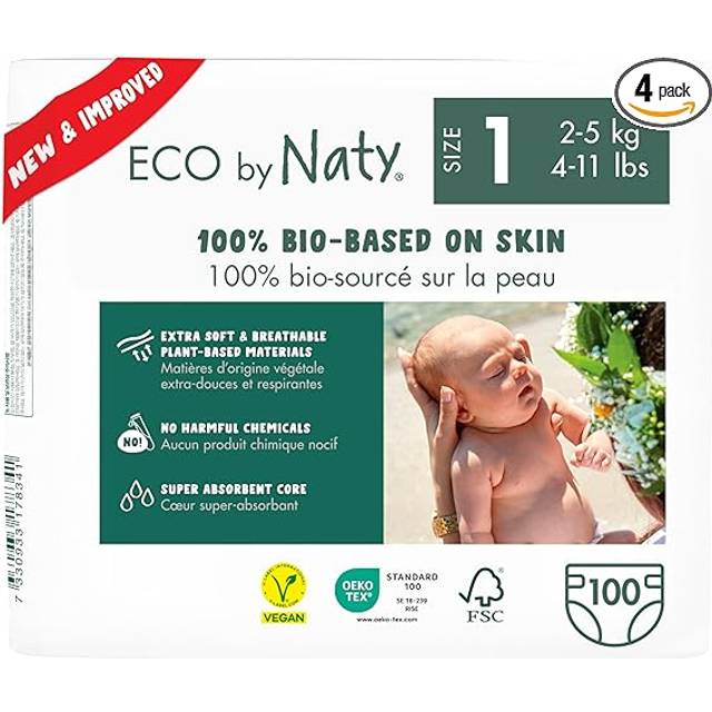 Eco by Naty ekologiska babyblöjor - växtbaserade miljövänliga eko blöjor, bra för känslig babyhud och förhindrar läckage (Storlek 1, 100 stycken)