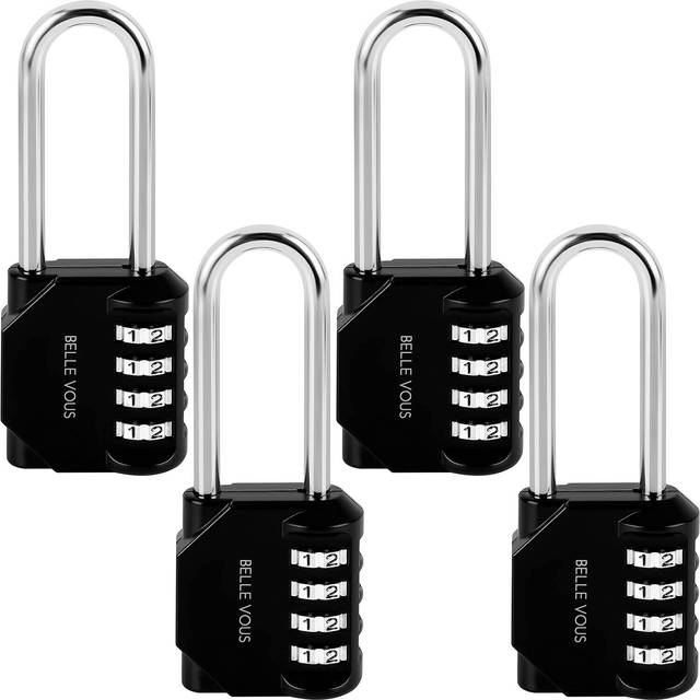 Belle Vous 4-Pack med Svarta 4-Siffriga Kombinationshänglås med bygel - 4,2 x 2,2 x 11 cm - Slitstarka & Vattentåliga Inne-/Utesäkerhetslås för Gym- & Skolskåp, Staket & Grindar