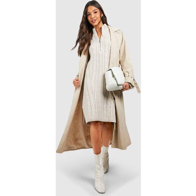 Womens Half Zip Cable Knit Jumper Dress - Beige - L